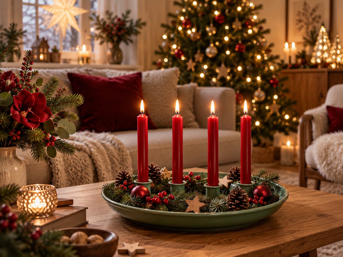 Kompakte Tischdeko Weihnachten: grünes Tablett mit vier roten Stabkerzen, Tannenzweigen, Zapfen, Beeren und Holzsternen auf dem Couchtisch