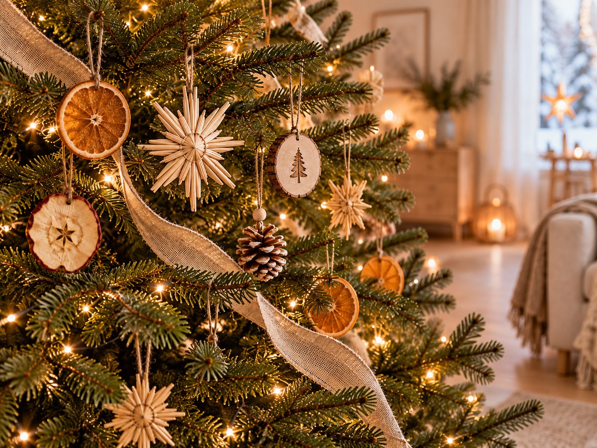 Nahaufnahme am Weihnachtsbaum: Orangenscheibe, Strohstern, Holzscheibe mit Tannenmotiv, Zapfen und Juteband