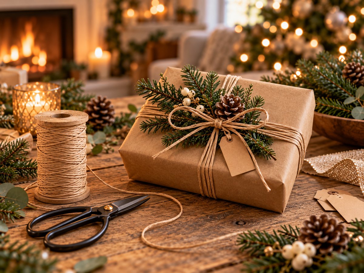 Weihnachtsgeschenk in Packpapier mit Tannenzweig, Zapfen und naturfarbenem Papierdraht