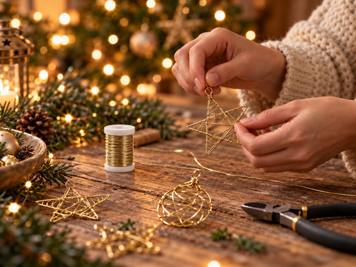 Hände formen einen Weihnachtsstern aus goldenem Basteldraht, daneben Drahtspule, Drahtkugel und Seitenschneider