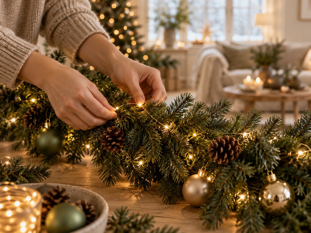 Hände hängen eine matte olivgrüne Weihnachtskugel mit Samtband an eine beleuchtete Tannengirlande