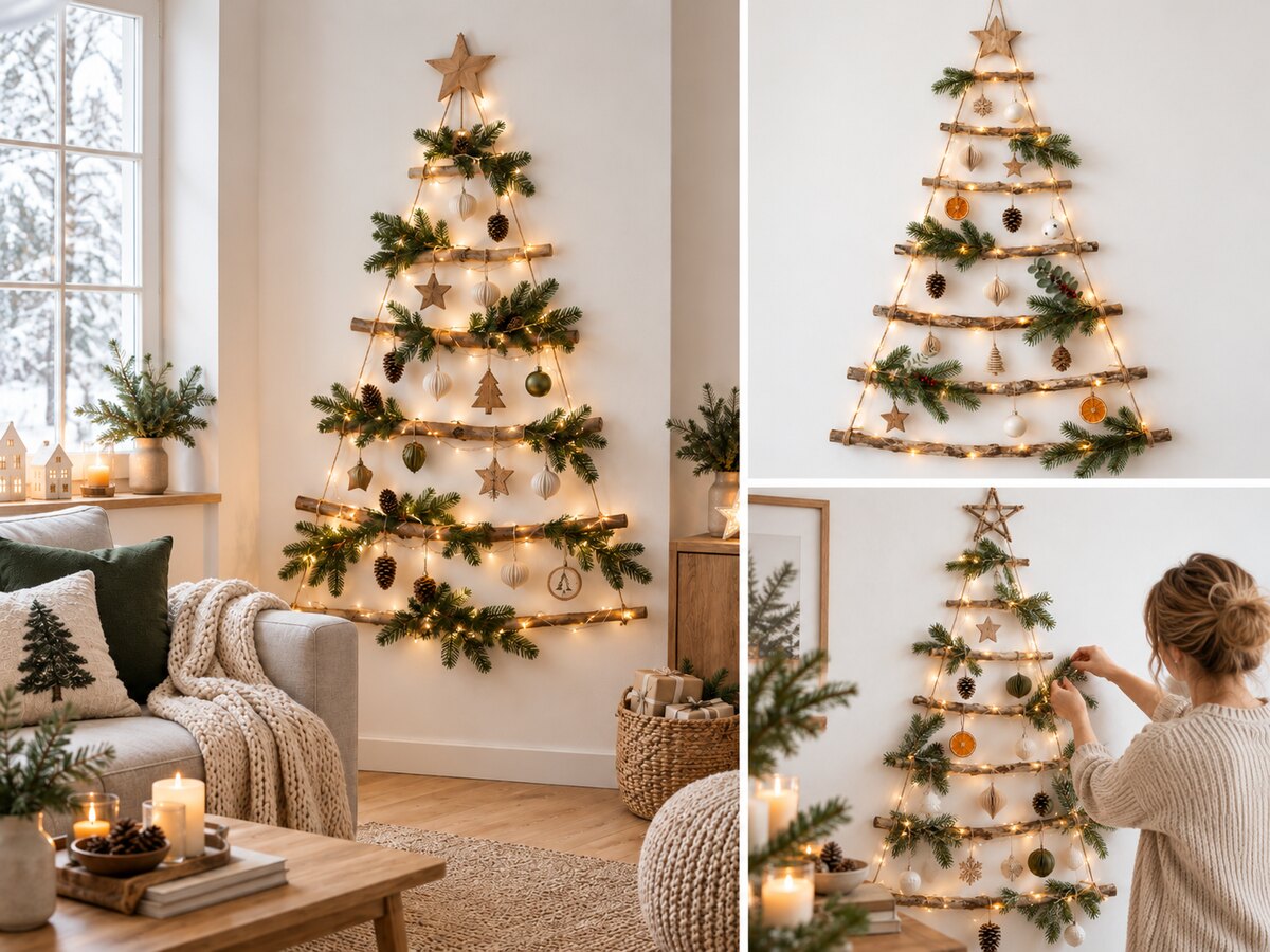 Weihnachtsbaum an der Wand mit Tannengrün, Lichterkette und Anhängern im Wohnzimmer