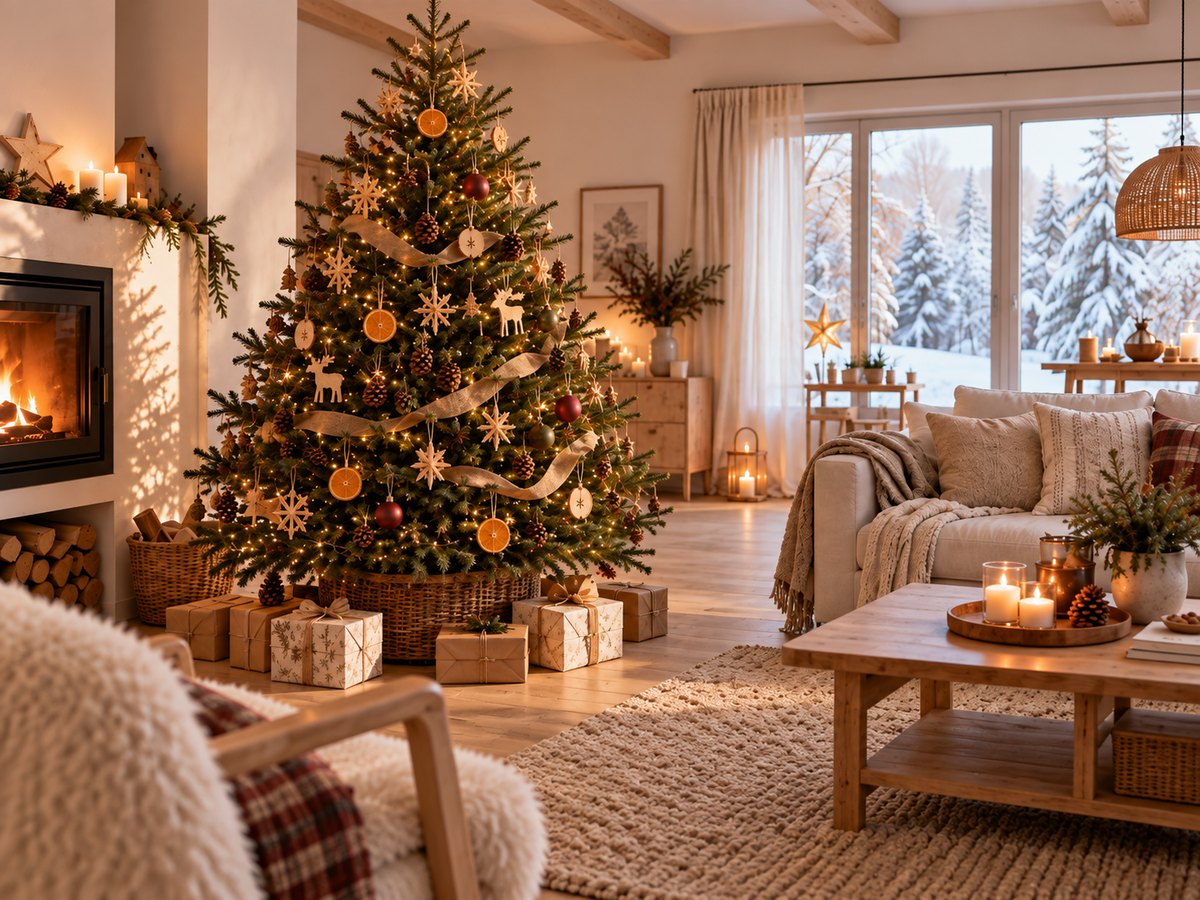 Natürlich dekorierter Weihnachtsbaum mit Orangenscheiben, Zapfen, Strohsternen und Holzanhängern vor dem Kamin