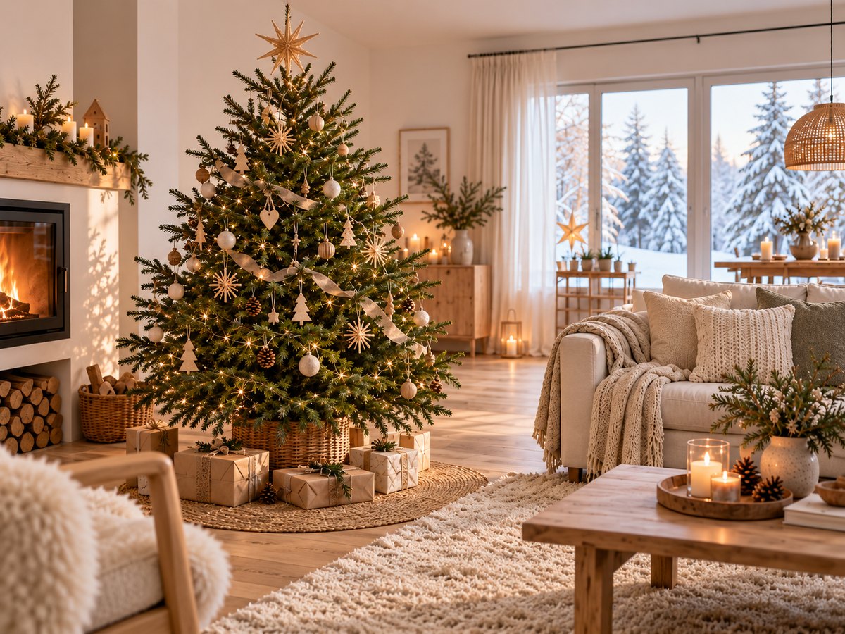 Skandinavisch dekorierter Weihnachtsbaum mit Strohsternen, Holzanhängern, cremefarbenen Kugeln und Leinenband