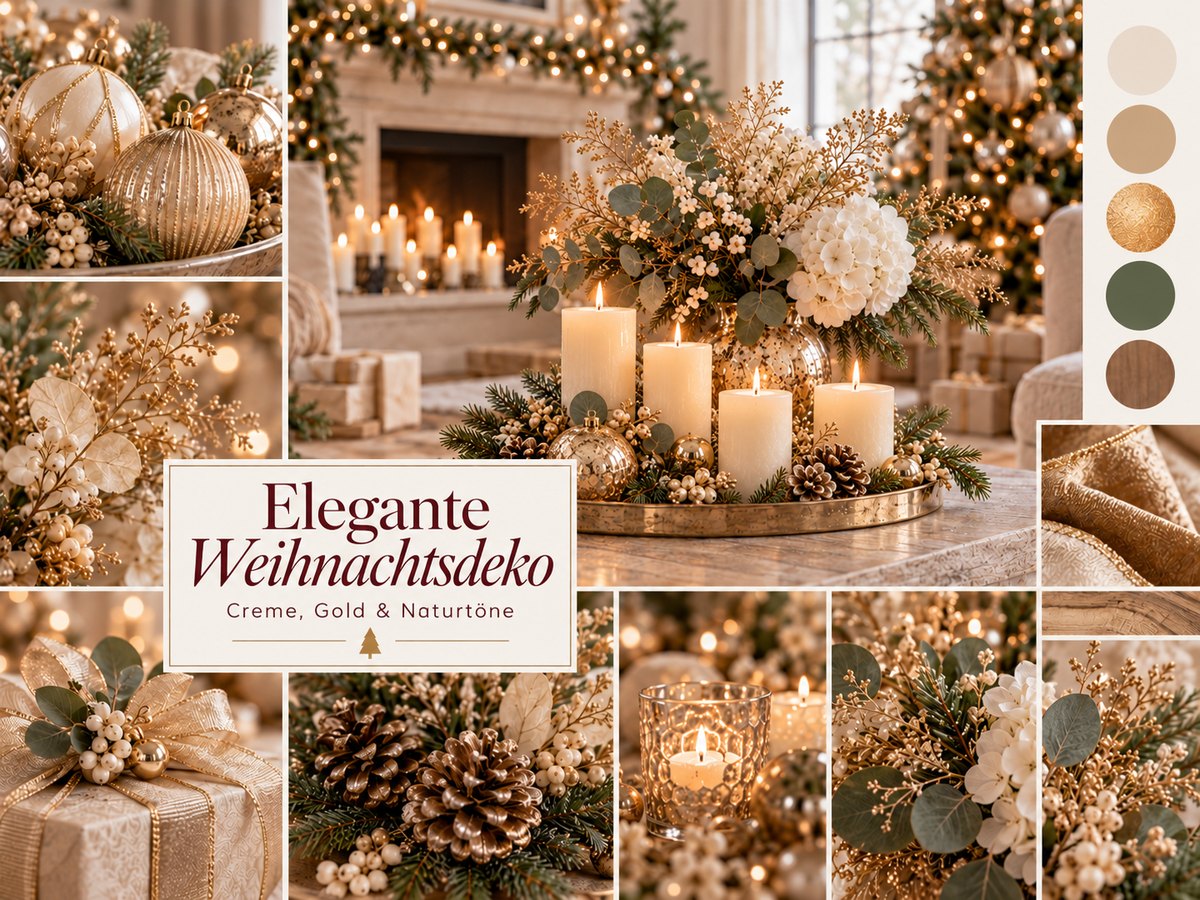Collage elegante Weihnachtsdeko mit cremefarbenen Kerzen, Hortensien und goldenen Kugeln auf einem Goldtablett