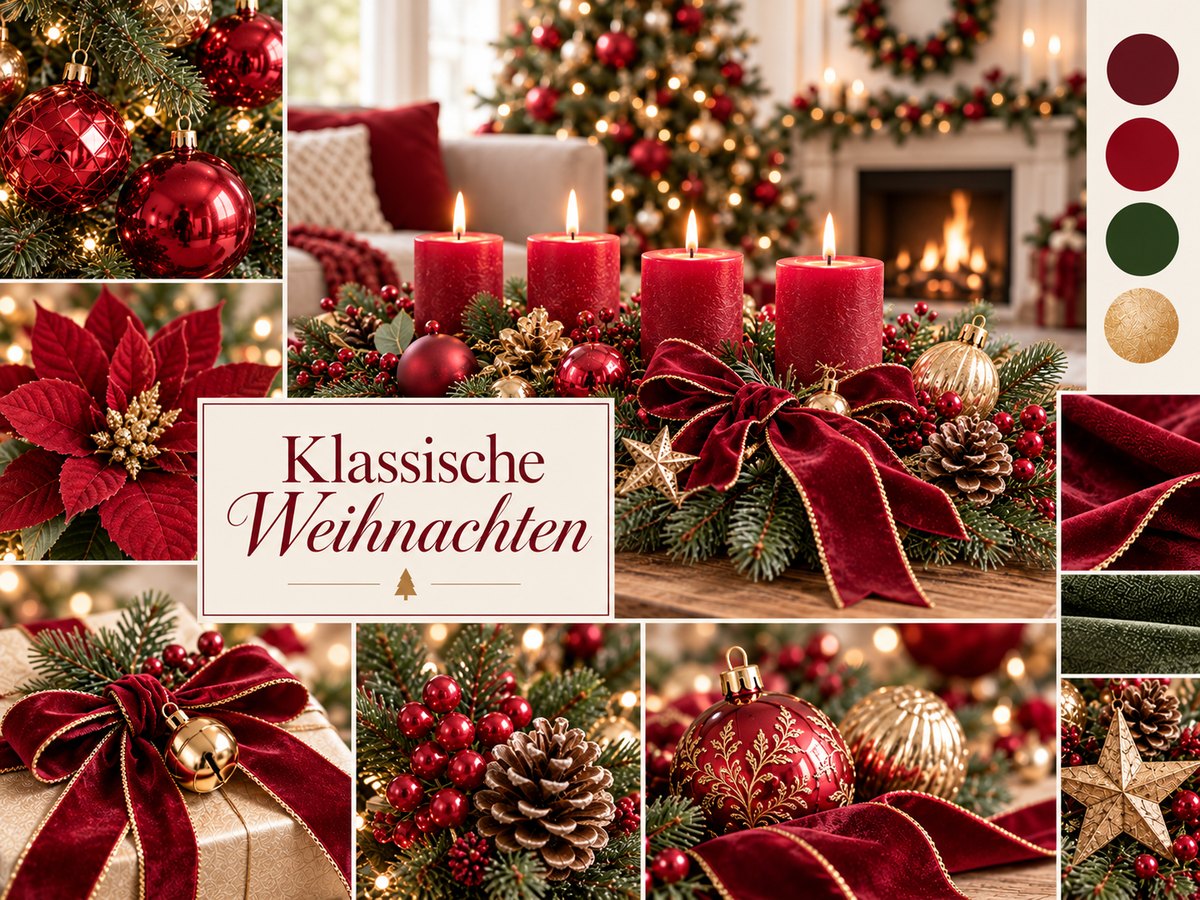 Collage klassische Weihnachten mit roten Stumpenkerzen, Samtschleife, Beeren, Zapfen und goldenen Sternen