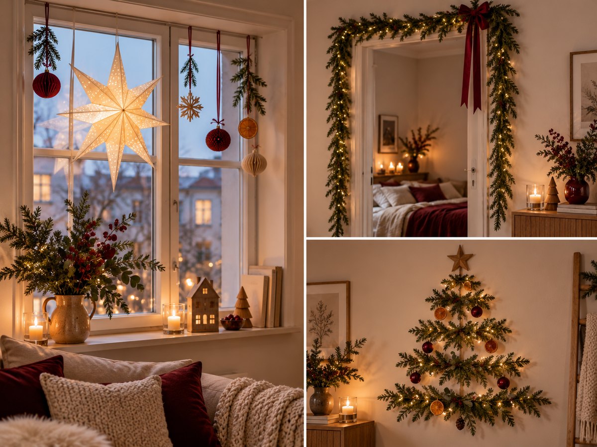 Platzsparende Weihnachtsdeko: Papierstern und Anhänger am Fenster, Tannengirlande mit roter Schleife am Türrahmen und Wand-Weihnachtsbaum aus Zweigen