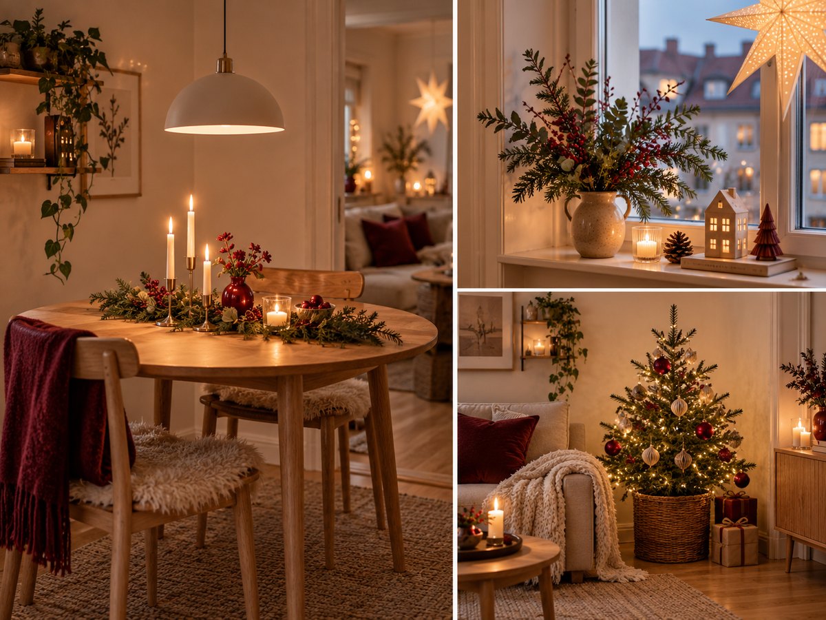 Kleine Wohnung weihnachtlich dekoriert: runder Esstisch mit schmalem Tannenarrangement, Fensterbank mit Zweigen in Vase und kleiner Weihnachtsbaum im Korb