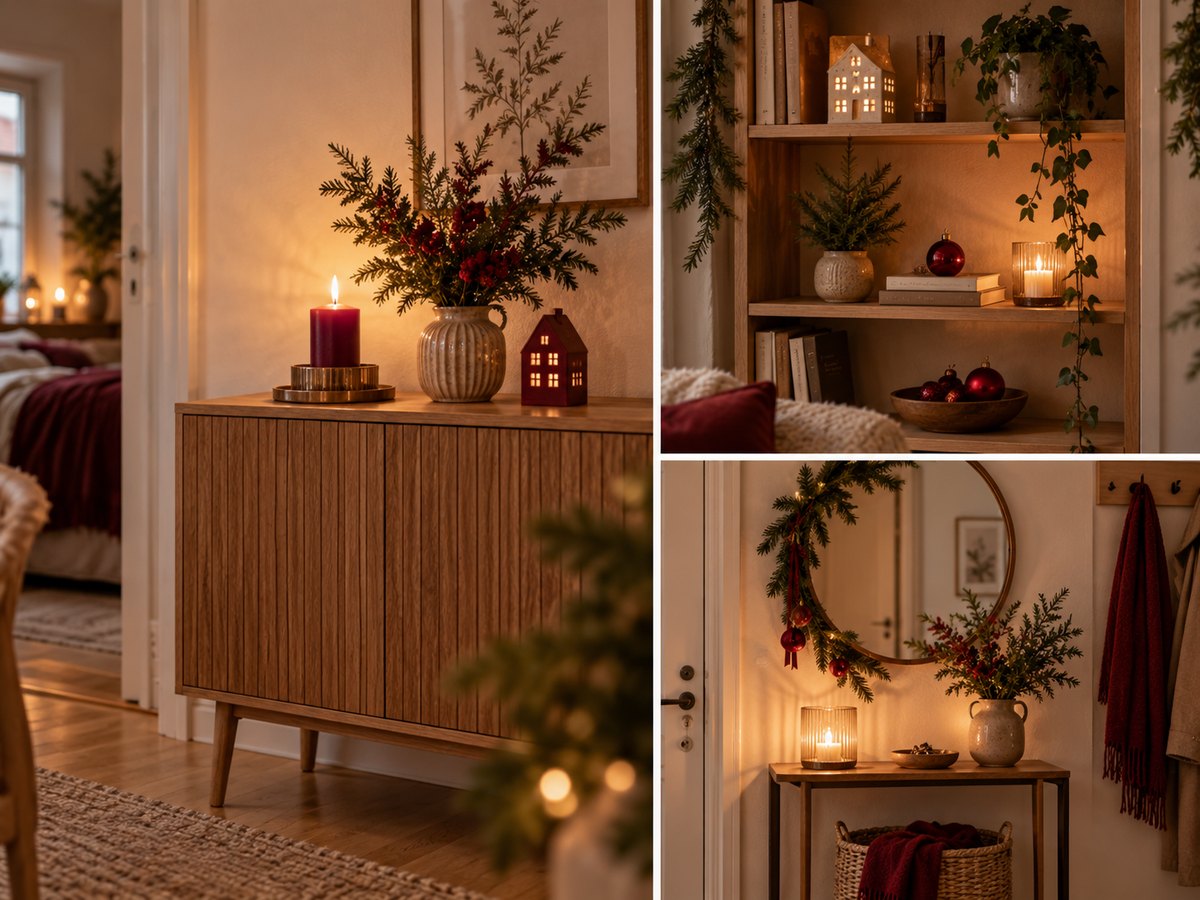 Weihnachtsdeko auf kleiner Fläche: Sideboard mit Stumpenkerze, Tannenzweigen und rotem Lichthaus, Regal mit Mini-Tanne und Flurkonsole mit Windlicht
