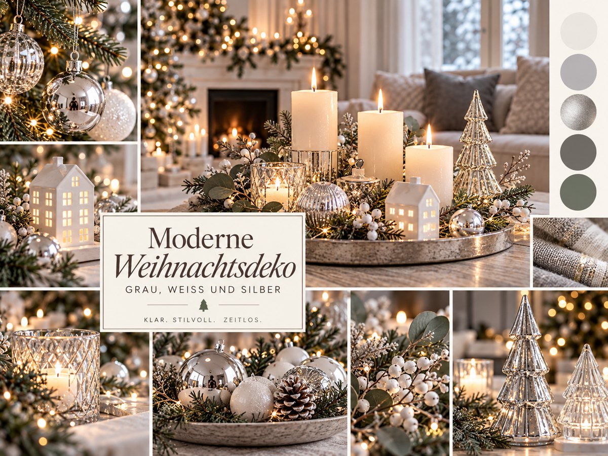 Collage moderne Weihnachtsdeko mit weißen Kerzen, Glasbäumen, Porzellanhäusern und silbernen Kugeln
