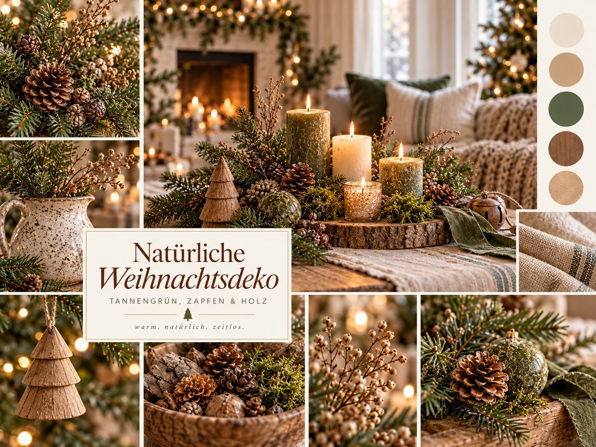 Collage natürliche Weihnachtsdeko mit grünen Kerzen, Zapfen und Tannengrün auf einer Holzscheibe