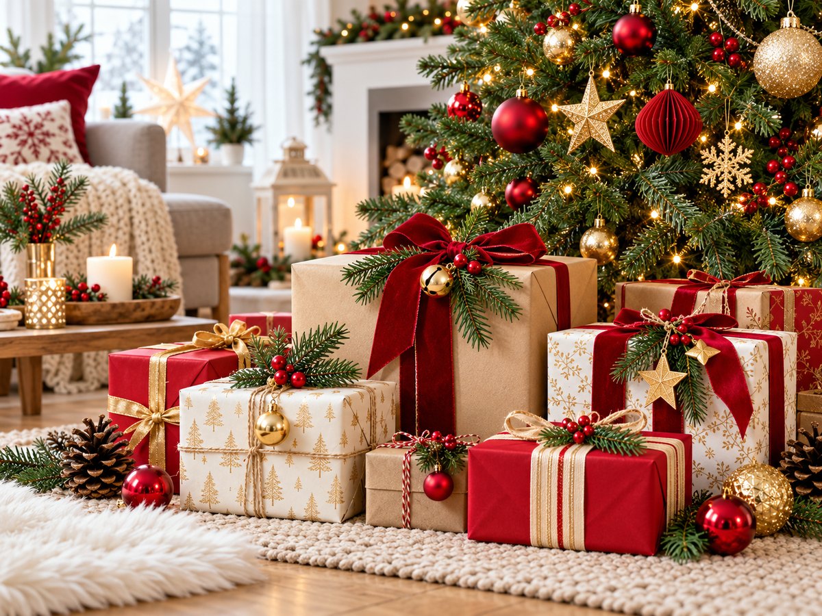 Weihnachtlich dekorierte Geschenke mit Samtschleifen, Tannenzweigen und Kugeln unter dem Weihnachtsbaum