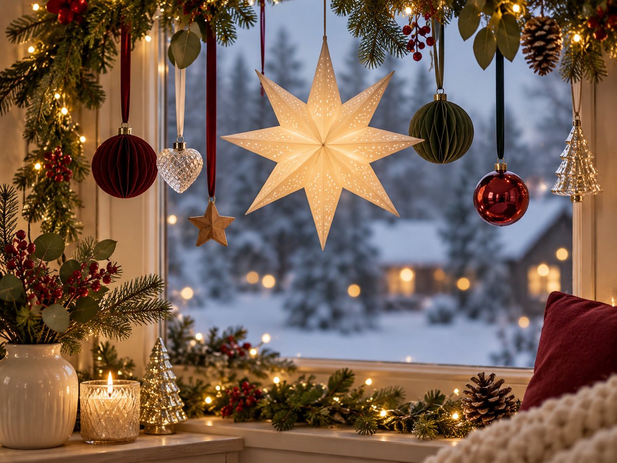 Weihnachtskugeln, Glasherz und Holzstern an Samtbändern in unterschiedlichen Höhen neben einem leuchtenden Papierstern