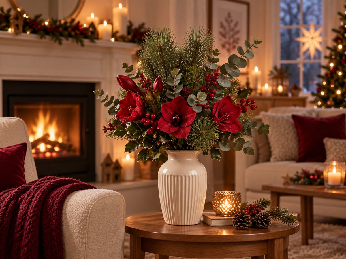 Weihnachtsstrauß mit roten Amaryllis, Kiefer, Eukalyptus und Ilex in cremeweißer Vase auf kleinem Holztisch