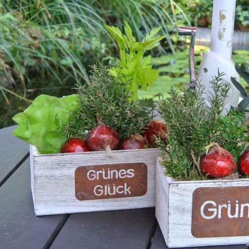 Pflanzgefäß “Grünes Glück”, Gartendeko, Holzdeko zum Bepflanzen Weiß gewaschen, Edelrost L35cm H12cm