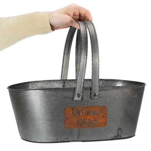 Pflanzkorb “Grünes Glück”, Metalldeko zum Bepflanzen, Gartendeko Silbern, Edelrost L40cm H15cm | Floristik24.de