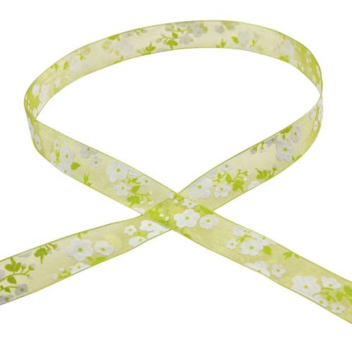 Artikel Frühlingsband mit Blüten Geschenkband Grün 20mm 20m