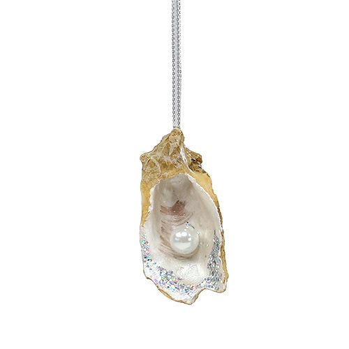 Floristik24 Auster mit Perle und Glimmer zum Hängen 8,5cm