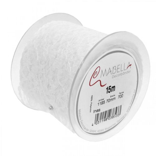 Floristik24 Spitzenband Floral, Tischläufer, Hochzeitsdeko, Schmuckband Weiß 70mm 15m