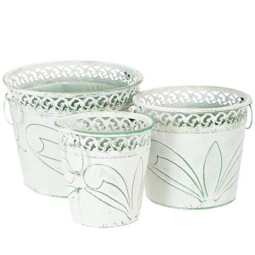Blech-Kübel mit Prägung, Pflanzgefäß mit Henkeln Weiß, Grün Shabby Chic H22/19,5/17,5cm Ø25,5/20,5/15,5cm 3er-Set kaufen | Floristik24.de