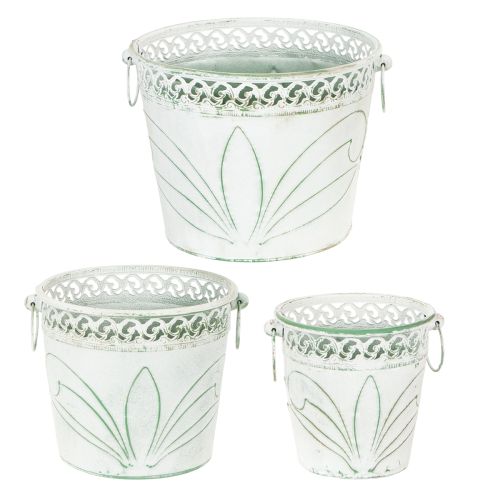 Blech-Kübel mit Prägung, Pflanzgefäß mit Henkeln Weiß, Grün Shabby Chic H22/19,5/17,5cm Ø25,5/20,5/15,5cm 3er-Set | Floristik24.de
