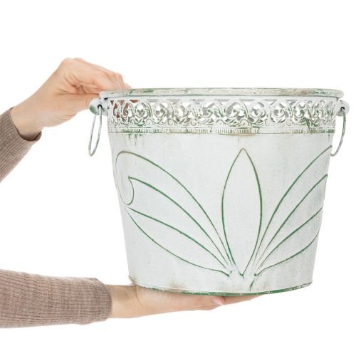 Blech-Kübel mit Prägung, Pflanzgefäß mit Henkeln Weiß, Grün Shabby Chic H22/19,5/17,5cm Ø25,5/20,5/15,5cm 3er-Set | Floristik24.de