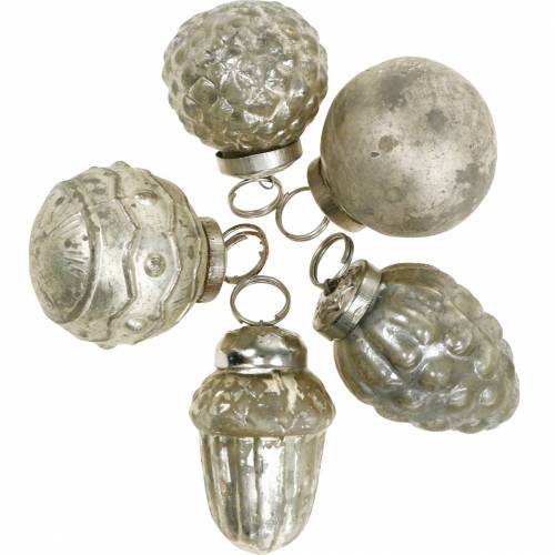 Floristik24 Mini-Baumschmuck Herbstfrüchte und Kugeln Perlmutt, Antik-Silbern Echtglas 3,4–4,4cm 10St