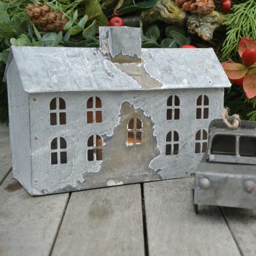 Windlicht Haus Metall, Deko für Weihnachten, Shabby Chic, Weiß gewaschen, Antik-Look H12,5cm L17,5cm