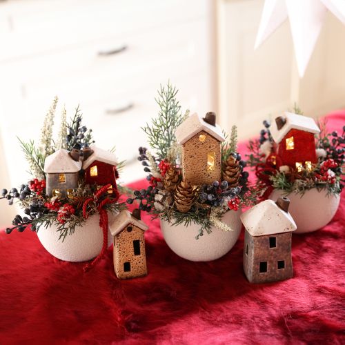 Floristik24 Deko Häuschen Keramik Creme Rot Grau 10/12/13,5cm 3 St
