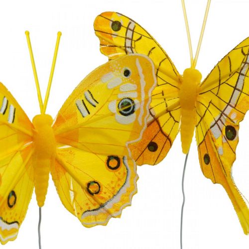 Floristik24 Deko-Schmetterlinge Gelb Federschmetterling am Draht 7,5cm 6St