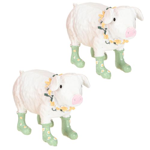 Artikel Deko-Schwein mit Gummistiefeln – Lustige Bauernhof-Figur mit Blumenkranz 15,5cm 2 St