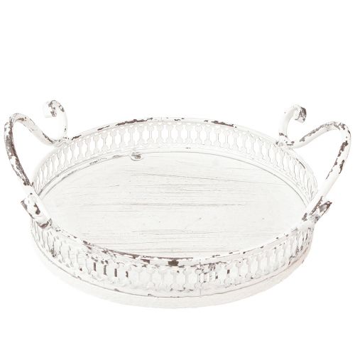 Floristik24 Deko Tablett Metall Weiß Henkel Shabby Chic Ø20cm H8cm