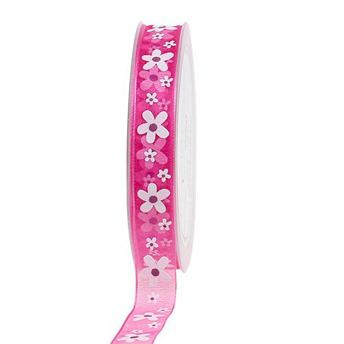 Floristik24 Dekoband Pink mit Blumenmotiv 15mm 20m