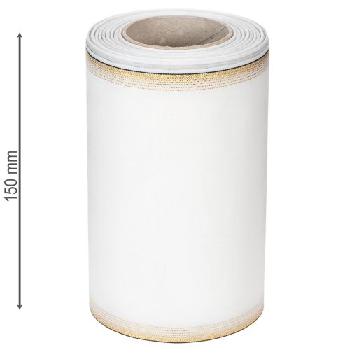 Artikel Elegantes Kranzband Moiré mit Goldrand, Hochzeitsdeko, Trauerband, Weiß 150mm x 25m