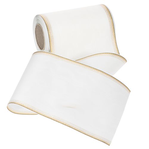 Artikel Elegantes Kranzband Moiré mit Goldrand, Hochzeitsdeko, Trauerband, Weiß 150mm x 25m