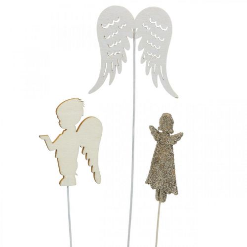 Artikel Adventstecker Engel, Flügel zum Stecken, Holzengel, Weihnachtsdeko Natur, Weiß, Goldglitter 18St