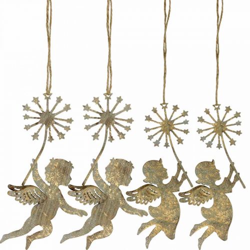 Engel mit Pusteblume, Weihnachtsdeko, Dekoanhänger, Metalldeko Golden Antik-Optik H16/15cm 4St