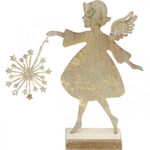 Dekoengel mit Pusteblume, Adventsdeko aus Metall, Weihnachtsengel Golden Antik-Optik H21cm