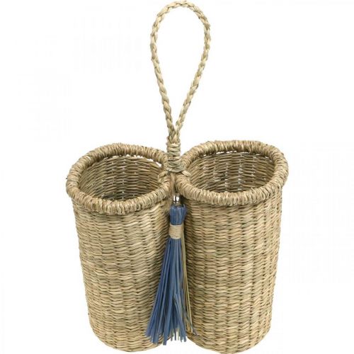 Floristik24 Flaschenhalter aus Seegras, Flaschenkorb geflochten, Balkondeko, Dekokorb zum Hängen Natur, Blau H20cm B22cm