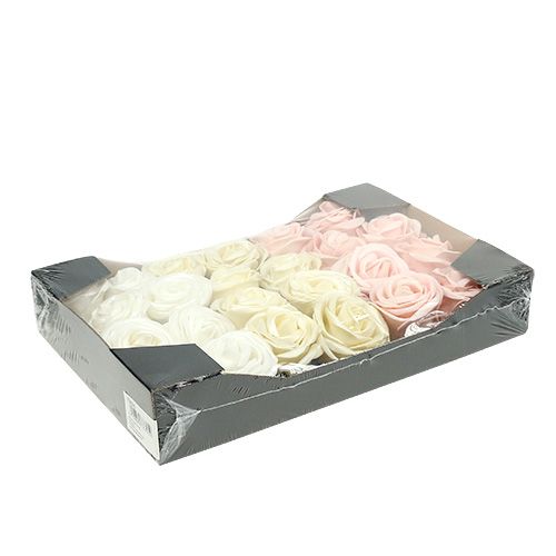 Floristik24 Foamrosen Mix Ø6cm Weiß, Creme, Rosa Perlmutt 24St