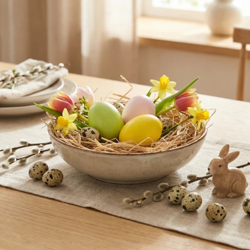 Tischdeko mit Schale Eiern Blumen und Frühlingsdekoration