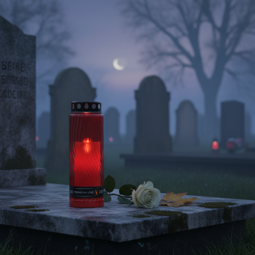 Artikel Grabkerze Deckel Motiv Blüte Rot Schwarz 10 Tage H27cm