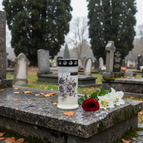 Artikel Grabkerzen Weiß Blumen Motive Ø7,5cm H16,5cm 6 St