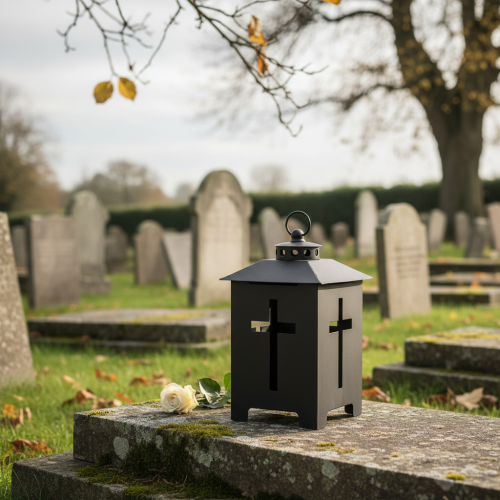 Artikel Laterne Grablicht Kreuz Fenster Metall antik grau 13 x 27cm