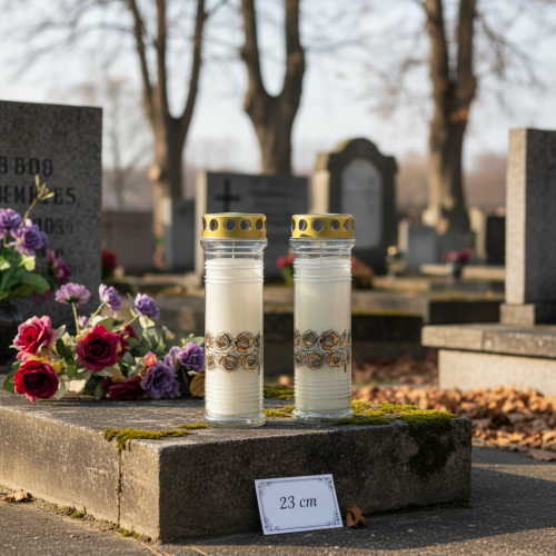 Artikel Grabkerzen Weiß Rosen Trauerlicht Ø7cm H23,5cm 100h 2St