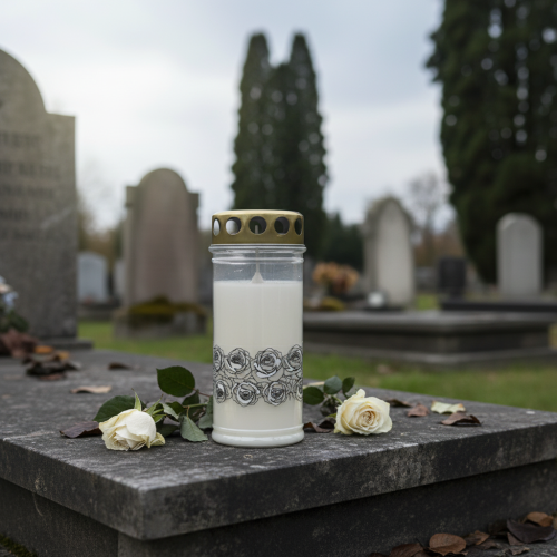 Artikel Grabkerze Weiß Rosen Silber Trauerlicht Ø7cm H18cm 77h