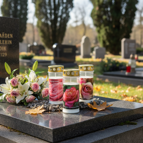 Artikel Grabkerzen mit Rosen Motiv Grabschmuck Ø7cm H18cm 3St