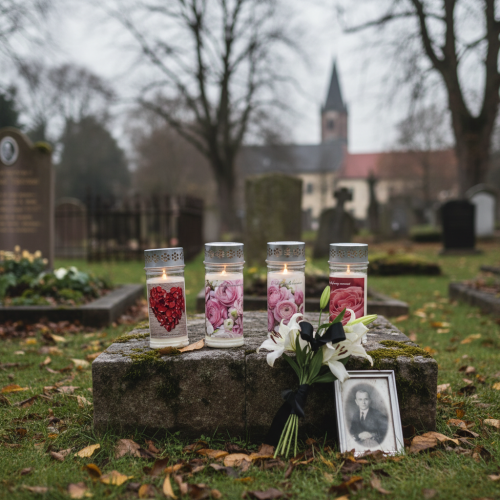 Artikel Grabkerzen mit Motiv Rosen Trauerlichter Gemischt Ø7cm H18,5cm 6St