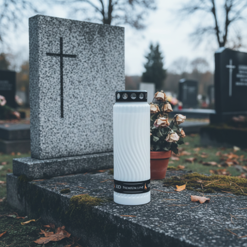 Artikel Grabkerze Deckel Motiv Blüte Weiß Schwarz 10 Tage H27cm