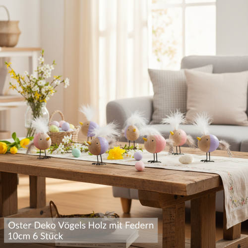 Artikel Deko Vogel Holz mit Federn und buntem Körper für Tischdekoration 10cm 6St